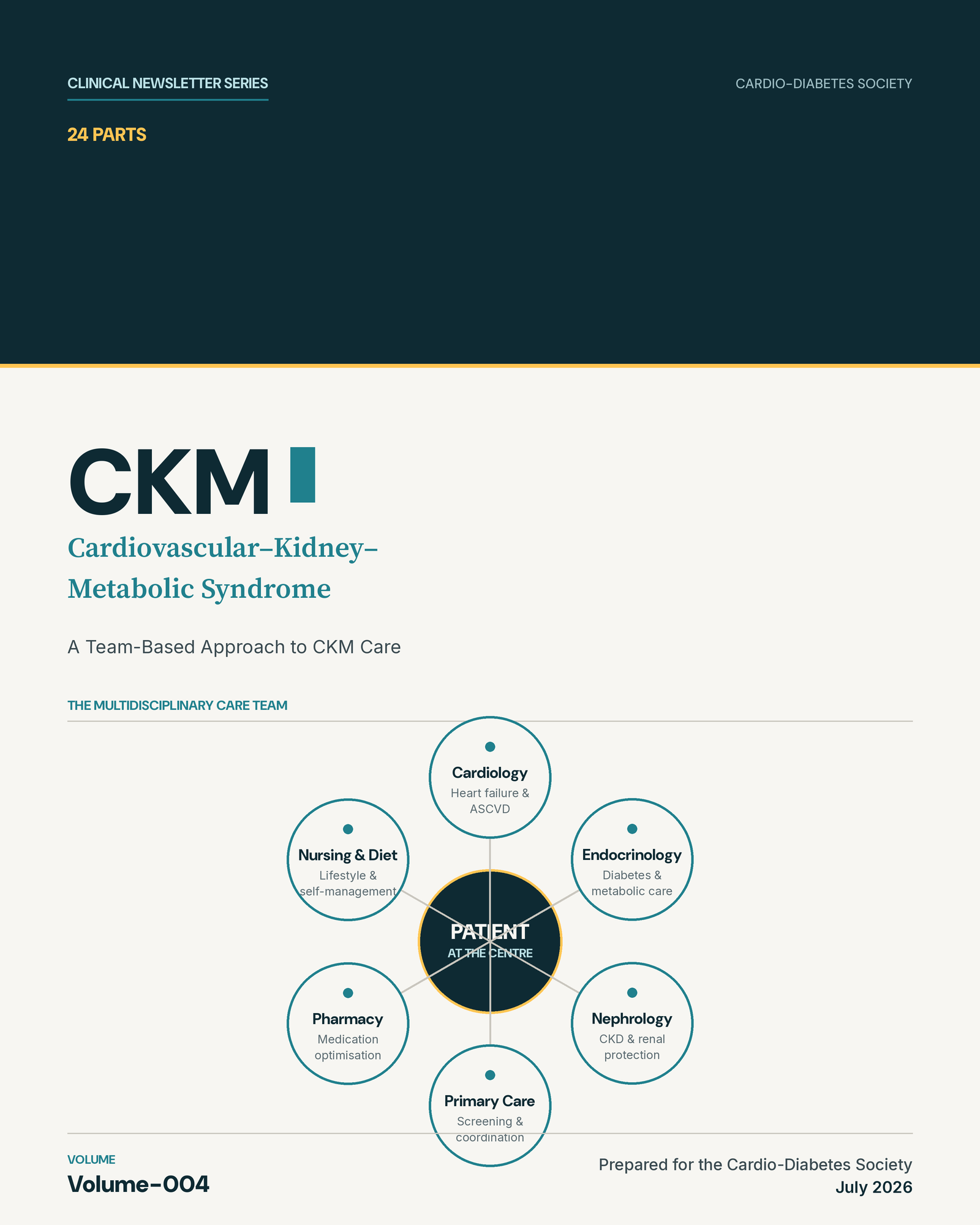 The Four-Stage CKM Staging System (0–4) Staging youths and adults to prevent progression and tailor therapy to risk   Figure 2. The Four-Stage CKM Staging System (0–4) — mechanism overview (illustrative; labels added for education). At the heart of the 2026 guideline is a practical staging system that spans Stage 0 through Stage 4. CKM staging is recommended for both youths and adults, with explicit goals: prevent stage progression, tailor therapy to absolute risk, reduce cardiovascular events and kidney-function loss, and—importantly—promote regression through lifestyle change and weight loss.2 <b>Stage 0</b> denotes no CKM risk factors and is the target of primordial prevention. <b>Stage 1</b> is overweight/obesity or prediabetes without other metabolic risk factors, kidney disease, or cardiovascular disease.1 This is the earliest actionable window, where lifestyle intervention can reverse trajectory. <b>Stage 2</b> captures one or more metabolic risk factors—high blood pressure, abnormal lipids, type 2 diabetes, or metabolic syndrome—and/or established kidney disease, but still without clinical cardiovascular disease.1 This is where guideline-directed medical therapy with organ-protective agents typically begins. <b>Stage 3</b> represents subclinical (asymptomatic) cardiovascular disease with CKM risk factors, or risk equivalents such as very-high-risk CKD or a high predicted 10-year cardiovascular risk based on the PREVENT equations.1 <b>Stage 4</b> is diagnosed cardiovascular disease—coronary heart disease, heart failure, stroke, peripheral artery disease, and/or atrial fibrillation—occurring alongside overweight/obesity, other metabolic risk factors, or kidney disease.1 Two features make the system especially useful in practice. First, staging is explicitly recommended for youths as well as adults, pushing prevention earlier into the life course than most cardiometabolic frameworks.2 Second, the guideline frames the goal not only as halting progression but as actively promoting regression through lifestyle change and weight loss—so a patient can move from Stage 1 back toward Stage 0.2 That bidirectional logic gives clinicians and patients a shared, motivating vocabulary for early action. The staging builds directly on the four-stage progression first outlined in the 2023 AHA presidential advisory that introduced the syndrome, now formalised into an actionable clinical tool.3 For hospital systems, staging offers a simple way to segment populations, allocate multidisciplinary resources, and set measurable quality targets—for example, tracking the proportion of Stage 2 patients on appropriate SGLT2 inhibitor or RAS-inhibitor therapy. Because the system rewards regression as well as prevention of progression, it aligns clinical incentives with the earliest, most cost-effective interventions. References 1. First-ever guideline on CKM syndrome issued, AHA Newsroom, June 9, 2026. https://newsroom.heart.org/news/first-ever-guideline-on-cardiovascular-kidney-metabolic-syndrome-issued 2. 2026 CKM Guideline — Top Things to Know, professional.heart.org, June 9, 2026. https://professional.heart.org/en/science-news/2026-guideline-for-the-prevention-detection-evaluation-and-management-of-ckm-syndrome/top-things-to-know 3. A new guideline links care for heart, kidney and metabolic diseases, Science News, June 10, 2026. https://www.sciencenews.org/article/heart-diabetes-kidney-disease-treatment 4. First-Ever Guideline Addresses CKM Syndrome, ACC.org Journal Scan, June 9, 2026. https://www.acc.org/latest-in-cardiology/journal-scans/2026/06/08/17/44/first-ever-guideline-addresses-ckm-syndrome 5. New guideline reframes weight as health risk, AHA Newsroom, June 9, 2026. https://newsroom.heart.org/news/new-guideline-reframes-weight-as-health-risk-tied-to-diabetes-kidney-and-heart-conditions 6. The Role of GLP-1 Receptor Agonists in the Treatment of CKM Syndrome, JACC Adv, Jan 2026 (PMID 41609289). https://pubmed.ncbi.nlm.nih.gov/41609289/