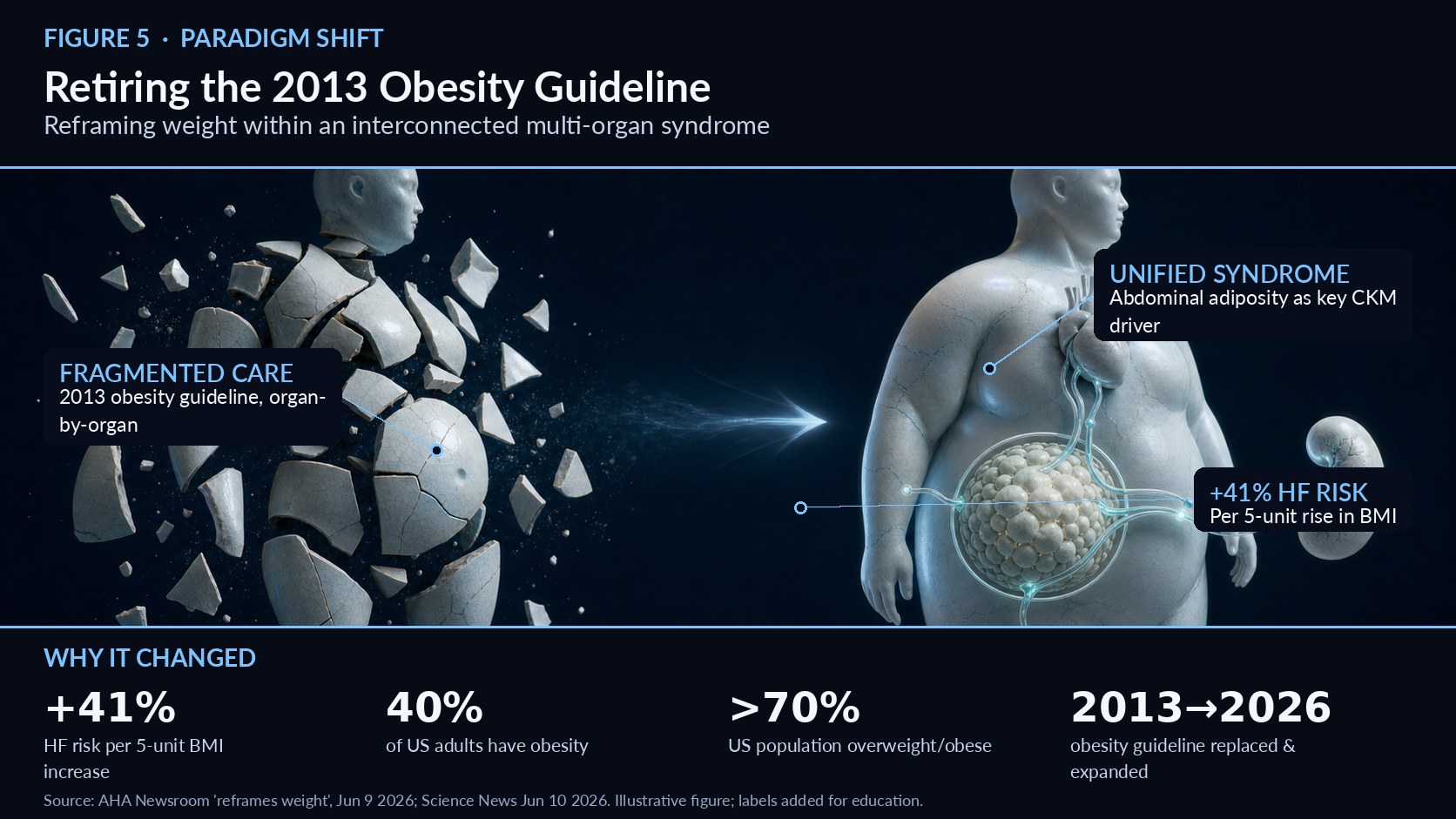 Why the 2013 Obesity Guideline Was Retired A paradigm shift from weight-as-number to weight-as-driver in a multi-organ syndrome   Figure 5. Why the 2013 Obesity Guideline Was Retired — mechanism overview (illustrative; labels added for education). The 2026 CKM guideline formally replaces the 2013 guideline for managing overweight and obesity, reframing body weight within an interconnected multi-organ syndrome rather than as a standalone condition.1 The shift is conceptual as much as clinical: excess weight—especially abdominal adiposity—is identified as a key driver of CKM development and progression, not merely a cosmetic or metabolic endpoint.1 The quantitative case is compelling. Each 5-unit increase in BMI is associated with a 41% higher risk of heart failure, and excess weight raises heart disease and stroke risk by at least 21% in men and 32% in women.1 These effect sizes justify treating adiposity as a modifiable driver of cardiovascular and kidney outcomes. The epidemiology underscores the urgency: 40% of U.S. adults and 21% of children and adolescents have obesity, and more than 70% of the population is affected by obesity or overweight.3,4 While these figures are American, the trajectory in urban India mirrors the trend, making the reframing globally relevant. Guideline chair Chiadi E. Ndumele captured the philosophy: “Weight is not just about a number on a scale—people with the same body weight can have very different health profiles.”1 The guideline accordingly shifts the paradigm toward proactive prevention rather than reactive care, integrating waist circumference alongside BMI and pairing lifestyle change with pharmacotherapy and, where appropriate, metabolic surgery. The reframing has direct therapeutic consequences. By treating adiposity as a modifiable driver rather than a fixed trait, the guideline pairs lifestyle change with obesity pharmacotherapy and, where indicated, metabolic and bariatric surgery, and it emphasises abdominal adiposity—measured with waist circumference—alongside BMI.2 This matters because two people at the same weight can carry very different visceral-fat and cardiometabolic risk, a distinction the 2013 weight-centric document could not capture.1 Recognising that weight conversations can be stigmatising, the guideline also provides non-judgmental scripting to open the discussion—for example, “Is now a good time for us to address your weight and your health and how they may be affecting each other?”1 This attention to communication reflects a broader move toward patient-centred, respectful care. The retirement of the 2013 document therefore represents more than an update: it is a redefinition of obesity as a treatable driver of systemic disease, with growing evidence that modern obesity medications confer multisystem benefit beyond weight loss alone.6 References 1. New guideline reframes weight as health risk, AHA Newsroom, June 9, 2026. https://newsroom.heart.org/news/new-guideline-reframes-weight-as-health-risk-tied-to-diabetes-kidney-and-heart-conditions 2. First-Ever Guideline Addresses CKM Syndrome, ACC.org Journal Scan, June 9, 2026. https://www.acc.org/latest-in-cardiology/journal-scans/2026/06/08/17/44/first-ever-guideline-addresses-ckm-syndrome 3. First-ever guideline on CKM syndrome issued, AHA Newsroom, June 9, 2026. https://newsroom.heart.org/news/first-ever-guideline-on-cardiovascular-kidney-metabolic-syndrome-issued 4. A new guideline links care for heart, kidney and metabolic diseases, Science News, June 10, 2026. https://www.sciencenews.org/article/heart-diabetes-kidney-disease-treatment 5. 2026 CKM Guideline — Top Things to Know, professional.heart.org, June 9, 2026. https://professional.heart.org/en/science-news/2026-guideline-for-the-prevention-detection-evaluation-and-management-of-ckm-syndrome/top-things-to-know 6. Beyond weight loss: multisystem benefits of obesity medications, Lancet Diabetes Endocrinol, May 28, 2026 (PMID 42208956). https://pubmed.ncbi.nlm.nih.gov/42208956/