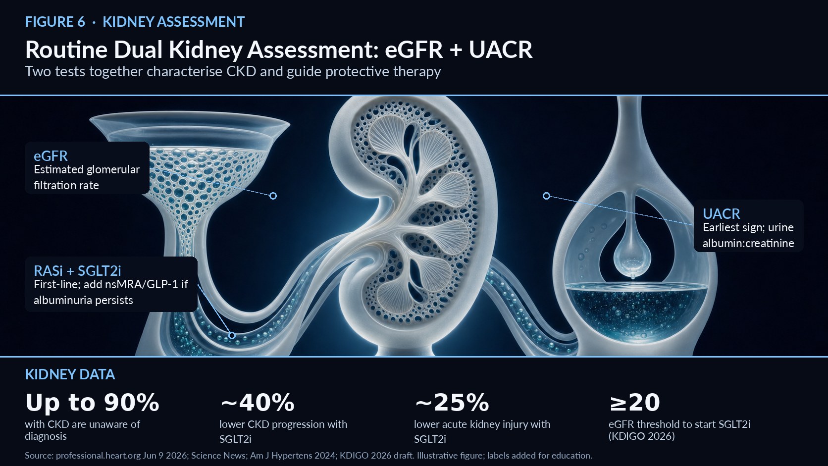NEWSLETTER 6 Routine Dual Kidney Assessment: eGFR + UACR Making albuminuria testing standard practice to catch CKM early   Figure 6. Routine Dual Kidney Assessment: eGFR + UACR — mechanism overview (illustrative; labels added for education). One of the most operationally consequential recommendations of the 2026 guideline is deceptively simple: use both estimated glomerular filtration rate (eGFR) and urine albumin-to-creatinine ratio (UACR) to characterise chronic kidney disease and to guide therapies that confer both cardiovascular and kidney benefit.1 Relying on eGFR alone misses a large group of patients whose earliest kidney injury manifests as albuminuria. The clinical logic is clear. UACR often provides the earliest sign of kidney disease—frequently before filtration-rate testing becomes abnormal—so a normal creatinine can falsely reassure both clinician and patient.2 This matters enormously given that up to 90% of people with CKD are unaware of their diagnosis, a detection gap that routine dual assessment in primary care is designed to close.2 Once CKD is identified, the guideline sets a clear therapeutic sequence: for CKD with type 2 diabetes or with albuminuria, RAS inhibitors and SGLT2 inhibitors should be first-line, and if albuminuria persists, a nonsteroidal MRA or GLP-1-based therapy should be added.1 Dual assessment thus does more than diagnose—it directly triggers organ-protective treatment. The evidence base for acting on these numbers is strong. SGLT2 inhibition reduces the risk of acute kidney injury by roughly 25% and slows kidney-disease progression by about 40% on top of standard care in high-risk patients with type 2 diabetes and CKD.4 The KDIGO 2026 draft reinforces eGFR-based thresholds, recommending SGLT2 inhibitors for adults with type 2 diabetes, CKD, and eGFR ≥20 mL/min/1.73 m² at a 1A strength of recommendation.5 The two tests answer different questions and are therefore complementary: eGFR estimates how much filtration capacity remains, while UACR detects glomerular leak and endothelial injury that often precede any fall in filtration.2 Measuring only one leaves a blind spot. Because the CKM guideline ties kidney-protective therapy directly to these results, a missed UACR is not just a missed diagnosis but a missed opportunity to start RAS inhibitors, SGLT2 inhibitors, and —if albuminuria persists—a nonsteroidal MRA or GLP-1 therapy.1 For hospital systems, embedding an automatic UACR order alongside every diabetic or hypertensive creatinine panel is a low-cost, high-yield quality intervention—one that can be tracked as a KPI and that directly advances earlier CKM staging and treatment.6 References 1. 2026 CKM Guideline — Top Things to Know, professional.heart.org, June 9, 2026. https://professional.heart.org/en/science-news/2026-guideline-for-the-prevention-detection-evaluation-and-management-of-ckm-syndrome/top-things-to-know 2. A new guideline links care for heart, kidney and metabolic diseases, Science News, June 10, 2026. https://www.sciencenews.org/article/heart-diabetes-kidney-disease-treatment 3. First-Ever Guideline Addresses CKM Syndrome, ACC.org Journal Scan, June 9, 2026. https://www.acc.org/latest-in-cardiology/journal-scans/2026/06/08/17/44/first-ever-guideline-addresses-ckm-syndrome 4. Mechanisms of Action of SGLT2 Inhibitors, Am J Hypertens, 2024. https://pmc.ncbi.nlm.nih.gov/articles/PMC11471837/ 5. KDIGO 2026 Diabetes and CKD Guideline Update Public Review Draft, March 2026. https://kdigo.org/wp-content/uploads/2026/03/KDIGO-2026-Diabetes-and-CKD-Guideline-Update-Public-Review-Draft-March-2026.pdf 6. First-ever guideline on CKM syndrome issued, AHA Newsroom, June 9, 2026. https://newsroom.heart.org/news/first-ever-guideline-on-cardiovascular-kidney-metabolic-syndrome-issued
