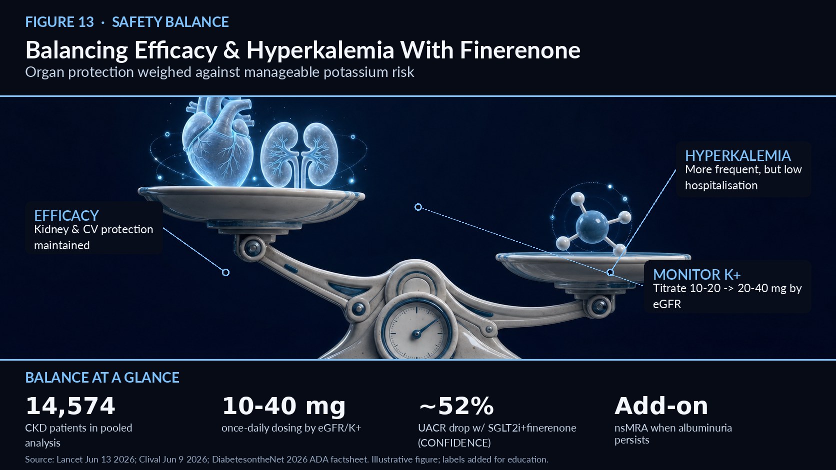NEWSLETTER 13 Balancing Finerenone Efficacy Against Hyperkalemia Getting organ protection while keeping potassium safe   Figure 13. Balancing Finerenone Efficacy Against Hyperkalemia — mechanism overview (illustrative; labels added for education). Finerenone’s biggest practical challenge is hyperkalaemia, and the 2026 evidence base helps clinicians weigh benefit against this risk. In the pooled analysis of 14,574 CKD patients, hyperkalaemia occurred more frequently with finerenone than placebo, but the absolute incidence of hyperkalaemia leading to hospitalisation was low.1 The signal is real but manageable with monitoring. Structured dosing is the first safeguard. Finerenone starts at 10–20 mg once daily and titrates to 20–40 mg, guided by eGFR and by potassium and protocol-based monitoring.3 Following the trial dosing and surveillance schedule—checking potassium before initiation, after titration, and periodically thereafter—keeps most patients within a safe range. Reassuringly, INFINITY reported that finerenone maintains a favourable safety profile across different CKD patient populations, supporting broader use rather than restriction to narrow subgroups.2 Safety, like efficacy, appears consistent across the spectrum. SGLT2 inhibitors play an unexpectedly helpful role here. Kidney and cardiovascular benefits of finerenone were consistent with or without SGLT2-inhibitor co-therapy, and SGLT2 inhibitors help preserve GFR and limit hyperkalaemia, improving tolerance to RAAS blockade and MRAs.4 Co-prescribing an SGLT2 inhibitor may therefore both add efficacy and buffer potassium. A practical monitoring rhythm makes the risk manageable in routine care: check serum potassium before starting, again after each dose increase, and periodically thereafter, adjusting or pausing therapy if levels rise.3 Because the absolute rate of hyperkalaemia serious enough to require hospitalisation was low in the pooled 14,574-patient analysis, and because INFINITY confirmed a favourable safety profile across CKD populations, the risk should inform vigilance rather than avoidance—particularly when an SGLT2 inhibitor is co-prescribed to buffer potassium.1,2 The guidelines reflect this balance. The 2026 CKM guideline positions the nonsteroidal MRA as add-on therapy when albuminuria persists on RAS inhibitors plus SGLT2 inhibitors—sequencing that lets clinicians establish the potassium-protective foundation before adding finerenone.5 The 2026 ADA Standards go further, supporting simultaneous initiation of an SGLT2 inhibitor and finerenone on maximal RAS blockade, a triple regimen designed to add efficacy while managing potassium risk.6 The take-home message for practice: with eGFR-guided dosing, scheduled potassium checks, and thoughtful pairing with an SGLT2 inhibitor, most CKM patients can safely obtain finerenone’s substantial kidney and cardiovascular protection. References 1. Efficacy and safety of finerenone in CKD (pooled analysis), Lancet, June 13, 2026 (PMID 42248158). https://pubmed.ncbi.nlm.nih.gov/42248158/ 2. Bayer's INFINITY Analysis Shows Finerenone Delivers Long-Term Kidney and Heart Protection, Clival, June 9, 2026. https://clival.com/news/bayers-infinity-analysis-shows-finerenone-delivers-long-term-kidney-and-heart-protection-in-chronic-kidney-disease 3. Finerenone May Cut Sudden Death Risk Across the CKM Spectrum, Medscape, June 16, 2026. https://www.medscape.com/viewarticle/finerenone-may-cut-risk-sudden-death-across-ckm-spectrum-2026a1000kau 4. Mechanisms of Action of SGLT2 Inhibitors, Am J Hypertens, 2024. https://pmc.ncbi.nlm.nih.gov/articles/PMC11471837/ 5. 2026 CKM Guideline — Top Things to Know, professional.heart.org, June 9, 2026. https://professional.heart.org/en/science-news/2026-guideline-for-the-prevention-detection-evaluation-and-management-of-ckm-syndrome/top-things-to-know 6. Factsheet: The 2026 ADA Standards of Care — What's new?, DiabetesontheNet, Dec 2025. https://diabetesonthenet.com/diabetes-primary-care/factsheet-2026-ada-standards/