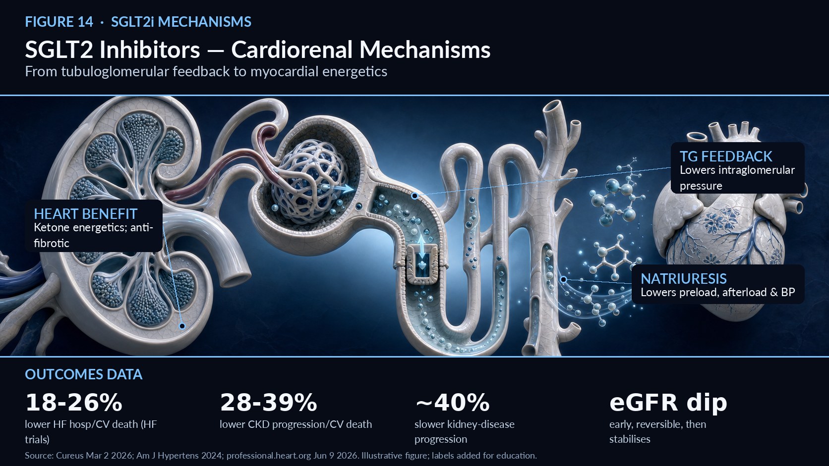 NEWSLETTER 14 SGLT2 Inhibitors: Cardiorenal Mechanisms How a glucose-lowering drug became a foundational heart and kidney therapy   Figure 14. SGLT2 Inhibitors: Cardiorenal Mechanisms — mechanism overview (illustrative; labels added for education). SGLT2 inhibitors have moved far beyond glucose control, and understanding their mechanisms clarifies why. A key renal mechanism is restoration of tubuloglomerular feedback: increased sodium delivery to the macula densa triggers afferent arteriolar vasoconstriction, reducing intraglomerular pressure and curbing the maladaptive hyperfiltration that damages nephrons over time.1 This explains the characteristic early, modest eGFR “dip” seen after initiation. The dip stabilises over time and is followed by a slower long-term loss of kidney function—a hemodynamic signature of protection rather than injury, which clinicians should anticipate and not misinterpret as harm.1 The cardiac and systemic benefits arise through complementary pathways. Natriuresis and osmotic diuresis reduce plasma volume, blood pressure, and ventricular filling pressures, unloading both preload and afterload. Additional mechanisms include ketone-mediated improvements in myocardial energetics, anti-inflammatory and anti-fibrotic signalling, and reductions in uric acid and oxidative stress.1 The net effect is protection that is largely independent of glucose lowering. Outcomes data validate the biology. Across landmark trials, SGLT2 inhibitors reduced heart-failure hospitalisation or cardiovascular death by 18–26% (DAPA-HF HR 0.74; EMPEROR-Reduced HR 0.75; EMPEROR-Preserved HR 0.79; DELIVER HR 0.82) and reduced CKD progression or cardiovascular death by 28–39% (DAPA-CKD HR 0.61; EMPA-KIDNEY HR 0.72; CREDENCE HR 0.70).1 On top of standard care, they cut acute kidney injury risk by roughly 25% and slow kidney-disease progression by about 40%, with similar effects independent of type 2 diabetes.2 A useful clinical corollary is how to counsel patients about the initial eGFR dip. Anticipating it, explaining that it reflects reduced intraglomerular pressure rather than injury, and avoiding reflexive discontinuation are key to keeping patients on a therapy that pays off over years.1 The convergence of hemodynamic, metabolic, and anti-inflammatory mechanisms—largely independent of glucose lowering—also explains why benefit extends to patients without diabetes, a point the outcomes trials confirm and the guidelines now reflect.2 These mechanisms and outcomes underpin the drug class’s central role in the 2026 CKM guideline, which recommends SGLT2 inhibitors as cardioprotective and kidney-protective guideline-directed therapy and as first-line treatment in HFmrEF and HFpEF.3 For any CKM patient, the mechanistic story is now a clinical mandate. References 1. Beyond Glucose Control: SGLT2 Inhibitors in HF, CKD, and NAFLD, Cureus, March 2, 2026. https://pmc.ncbi.nlm.nih.gov/articles/PMC12952939/ 2. Mechanisms of Action of SGLT2 Inhibitors, Am J Hypertens, 2024. https://pmc.ncbi.nlm.nih.gov/articles/PMC11471837/ 3. 2026 CKM Guideline — Top Things to Know, professional.heart.org, June 9, 2026. https://professional.heart.org/en/science-news/2026-guideline-for-the-prevention-detection-evaluation-and-management-of-ckm-syndrome/top-things-to-know 4. Evidence on SGLT2 Inhibitors' Efficacy in Older and Frail Patients, J Clin Med, March 14, 2026. https://pmc.ncbi.nlm.nih.gov/articles/PMC13027104/ 5. KDIGO 2026 Diabetes and CKD Guideline Update Public Review Draft, March 2026. https://kdigo.org/wp-content/uploads/2026/03/KDIGO-2026-Diabetes-and-CKD-Guideline-Update-Public-Review-Draft-March-2026.pdf 6. A new guideline links care for heart, kidney and metabolic diseases, Science News, June 10, 2026. https://www.sciencenews.org/article/heart-diabetes-kidney-disease-treatment