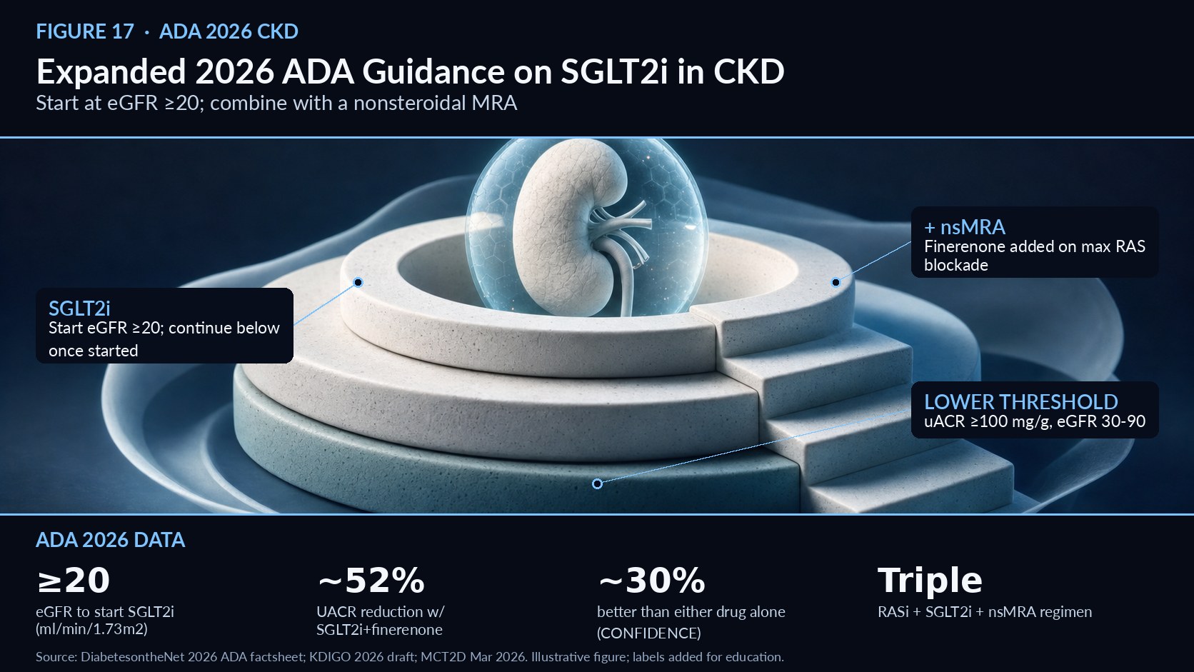NEWSLETTER 17 Expanded 2026 ADA Guidance on SGLT2i in CKD Starting at eGFR ≥20 and combining with a nonsteroidal MRA   Figure 17. Expanded 2026 ADA Guidance on SGLT2i in CKD — mechanism overview (illustrative; labels added for education). The 2026 ADA Standards of Care sharpen the role of SGLT2 inhibitors and nonsteroidal MRAs in chronic kidney disease. In addition to a RAS blocker, simultaneous initiation of an SGLT2 inhibitor and a nonsteroidal MRA (finerenone) can be considered in adults with type 2 diabetes, a UACR ≥100 mg/g, and an eGFR of 30–90 mL/min/1.73 m².1 This endorses a proactive triple approach rather than sequential add-ons in higher-risk patients. The rationale is quantitative. The combination of SGLT2 inhibitor plus finerenone on maximal ACE-inhibitor or ARB therapy produced roughly a 52% reduction in UACR—about 30% better than either drug alone, as shown in the CONFIDENCE study.2 Albuminuria reduction of this magnitude is a strong surrogate for long-term kidney protection. Threshold guidance is now more permissive. SGLT2 inhibitors can be initiated at an eGFR ≥20 mL/min/1.73 m² and continued through kidney failure or below that threshold once started, capturing patients previously considered “too advanced” for initiation.2 The 2025 ADA Standards already recommended SGLT2 inhibitors with demonstrated benefit at eGFR ≥20 for CKD progression and cardiovascular event reduction, and noted that nonsteroidal MRAs do not increase acute kidney injury risk.3 Nephrology guidance is aligned. The KDIGO 2026 draft recommends SGLT2 inhibitors for adults with type 2 diabetes, CKD, and eGFR ≥20 (1A), continuing even if eGFR later falls below 20 unless the patient is intolerant or starts dialysis.4 The shift from sequential to simultaneous therapy is the conceptual heart of the update. Where earlier practice layered drugs one at a time, the 2026 Standards endorse starting an SGLT2 inhibitor and finerenone together on a background of maximal RAS blockade in higher-risk albuminuric patients—front-loading protection during the window when kidneys are deteriorating fastest.1 The roughly 52% UACR reduction seen with the combination in CONFIDENCE, well beyond either agent alone, provides the mechanistic justification for treating aggressively and early.2 All of this dovetails with the 2026 CKM guideline, which likewise makes RAS inhibitors plus SGLT2 inhibitors first-line for CKD with type 2 diabetes or albuminuria, adding a nonsteroidal MRA or GLP-1 therapy if albuminuria persists.5 For clinicians, the convergence of ADA, KDIGO, and CKM guidance around the same thresholds and combinations simplifies decision-making and strengthens the mandate to treat early and combine rationally. References 1. Factsheet: The 2026 ADA Standards of Care — What's new?, DiabetesontheNet, Dec 2025. https://diabetesonthenet.com/diabetes-primary-care/factsheet-2026-ada-standards/ 2. Updates to the ADA Standards of Care 2026 (MCT2D), March 2026. https://www.youtube.com/watch?v=hDjn_2JBGks 3. Chronic Kidney Disease and Risk Management: Standards of Care in Diabetes—2025, Diabetes Care. https://diabetesjournals.org/care/article/48/Supplement_1/S239/157554/11-Chronic-Kidney-Disease-and-Risk-Management 4. KDIGO 2026 Diabetes and CKD Guideline Update Public Review Draft, March 2026. https://kdigo.org/wp-content/uploads/2026/03/KDIGO-2026-Diabetes-and-CKD-Guideline-Update-Public-Review-Draft-March-2026.pdf 5. 2026 CKM Guideline — Top Things to Know, professional.heart.org, June 9, 2026. https://professional.heart.org/en/science-news/2026-guideline-for-the-prevention-detection-evaluation-and-management-of-ckm-syndrome/top-things-to-know 6. Beyond Glucose Control: A Comprehensive Review of SGLT2 Inhibitors, Cureus, March 2, 2026. https://pmc.ncbi.nlm.nih.gov/articles/PMC12952939/