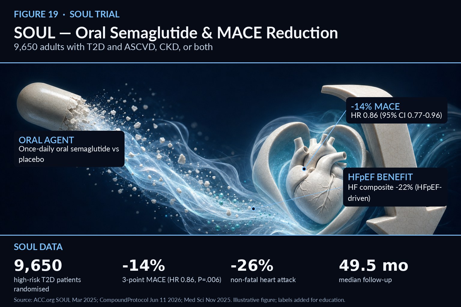 description The SOUL trial randomised 9,650 high‑risk adults with type 2 diabetes and ASCVD and/or CKD to oral semaglutide or placebo and showed a significant 14% relative reduction in three‑point MACE (12.0% vs 13.8%; HR 0.86) over a median 49.5 months.1 Secondary analyses highlighted a 26% reduction in nonfatal myocardial infarction and a 22% reduction in a heart‑failure composite among participants with pre‑existing HF, driven by benefit in HFpEF rather than HFrEF.2 The oral formulation expands access for needle‑averse patients and those facing cold‑chain barriers, while safety was reassuring with no increase in serious adverse events. SOUL’s long follow‑up and CKM‑relevant enrolment criteria make its findings directly applicable to integrated cardiorenal‑metabolic care, supporting GLP‑1 therapy as a cardiovascular protective option in high‑risk type 2 diabetes.