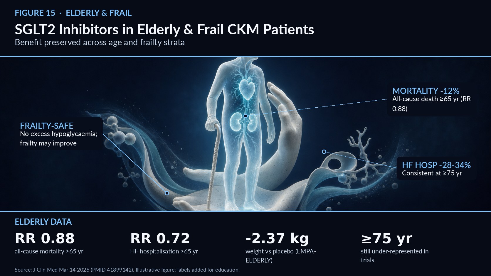 SGLT2 Inhibitors in Elderly and Frail CKM Patients Consistent benefit across age and frailty, with no excess hypoglycaemia   Figure 15. SGLT2 Inhibitors in Elderly and Frail CKM Patients — mechanism overview (illustrative; labels added for education). Clinicians often hesitate to prescribe SGLT2 inhibitors in older, frail patients, but a 2026 review in the Journal of Clinical Medicine provides reassurance. In patients aged 65 and older, SGLT2 inhibitors reduced all-cause mortality (RR 0.88, 95% CI 0.83–0.95), cardiovascular death, heart-failure hospitalisation (RR 0.72), and major adverse cardiovascular events (RR 0.87).1 The heart-failure benefit was robust with advancing age: hospitalisation reductions ranged 28–34% in those 65 and older, with similar benefit at 75 and above.1 Strikingly, the MACE benefit was greater in older versus younger patients (HR 0.76, 95% CI 0.62–0.93 per 30-year increase in age), suggesting that older patients may derive more, not less, absolute protection.1 Safety concerns were not borne out. SGLT2 inhibitors did not increase hypoglycaemia risk in older adults, and they reduced albuminuria (RR 0.71) and acute kidney injury (RR 0.70).1 Given how much clinical inertia stems from fear of hypoglycaemia and renal harm, these data directly counter the main objections. Frailty did not blunt efficacy. Benefits were consistent across frailty strata in DAPA-HF, DELIVER, EMPEROR-Preserved, and CANVAS/CREDENCE, and empagliflozin was associated with improvement in frailty status over follow-up—a notable finding in a population where functional decline dominates outcomes.1 The practical implication is a reversal of the usual caution: rather than a reason to withhold therapy, older age may strengthen the case for it, given the larger absolute event reduction and preserved safety.1 Clinicians should still individualise—monitoring volume status, adjusting diuretics, and attending to nutrition and muscle mass given the small lean-mass signal in EMPA-ELDERLY—but frailty per se did not diminish efficacy across the major trials, and empagliflozin was even associated with improved frailty status over follow-up.1 Body composition warrants attention. EMPA-ELDERLY showed a placebo-adjusted body-weight reduction of −2.37 kg (95% CI −3.07 to −1.68; P < 0.001), with non-significant trends toward reduced muscle and lean mass in elderly patients—arguing for attention to nutrition and resistance activity.1 Importantly, the review notes that adults 75 and older remain underrepresented in trials, and no RCTs are specifically designed for frail or nursing-home populations, so individualised judgement still matters.1 On balance, age and frailty are not reasons to withhold this therapy. References 1. Evidence on SGLT2 Inhibitors' Efficacy in Older and Frail Patients, J Clin Med, March 14, 2026 (PMID 41899142). https://pmc.ncbi.nlm.nih.gov/articles/PMC13027104/ 2. Beyond Glucose Control: A Comprehensive Review of SGLT2 Inhibitors, Cureus, March 2, 2026. https://pmc.ncbi.nlm.nih.gov/articles/PMC12952939/ 3. Mechanisms of Action of SGLT2 Inhibitors, Am J Hypertens, 2024. https://pmc.ncbi.nlm.nih.gov/articles/PMC11471837/ 4. 2026 CKM Guideline — Top Things to Know, professional.heart.org, June 9, 2026. https://professional.heart.org/en/science-news/2026-guideline-for-the-prevention-detection-evaluation-and-management-of-ckm-syndrome/top-things-to-know 5. KDIGO 2026 Diabetes and CKD Guideline Update Public Review Draft, March 2026. https://kdigo.org/wp-content/uploads/2026/03/KDIGO-2026-Diabetes-and-CKD-Guideline-Update-Public-Review-Draft-March-2026.pdf 6. Factsheet: The 2026 ADA Standards of Care — What's new?, DiabetesontheNet, Dec 2025. https://diabetesonthenet.com/diabetes-primary-care/factsheet-2026-ada-standards/