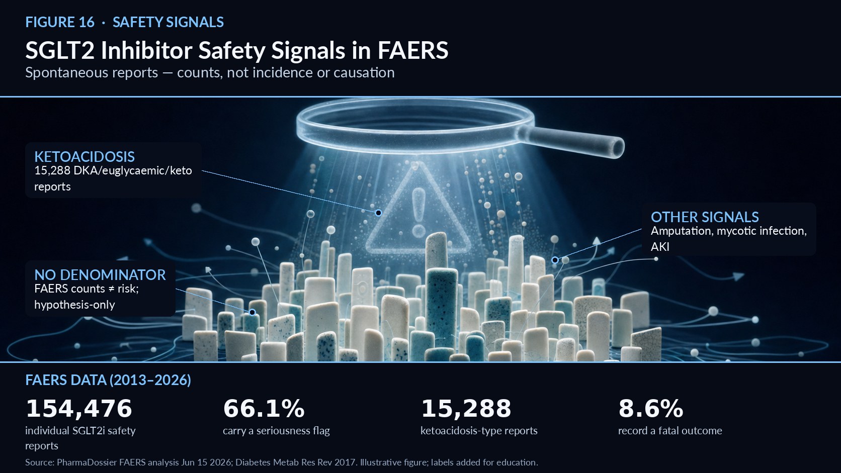 SGLT2 Inhibitor Safety Signals in FAERS Ketoacidosis and other adverse events across 154,476 spontaneous reports   Figure 16. SGLT2 Inhibitor Safety Signals in FAERS — mechanism overview (illustrative; labels added for education). A June 2026 analysis of the openFDA FAERS database offers a large-scale view of real-world SGLT2-inhibitor safety signals. The extract, dated 2026-06-08, holds 154,476 individual safety reports naming at least one of five SGLT2 inhibitors—empagliflozin, dapagliflozin, canagliflozin, ertugliflozin, and bexagliflozin—covering 2013 to early 2026.1 Overall severity is notable: of the class-level reports, 102,173 (66.1%) carry a seriousness flag and 13,310 (8.6%) record a fatal outcome.1 These proportions reflect reporting biases toward severe events but still merit clinical attention. Ketoacidosis is the signature signal. The database contains 9,278 reports of diabetic ketoacidosis, 3,108 of euglycaemic DKA, and 2,902 of ketoacidosis—15,288 combined—consistent with the mechanism of urinary glucose loss shifting metabolism toward ketogenesis.1 The euglycaemic subset is especially important because normal glucose can delay diagnosis. Other recognised signals appear in expected proportions: lower-limb amputation (4,819), genital mycotic infection (5,385), volume depletion or acute kidney injury (9,162), and the rare but severe Fournier’s gangrene / necrotising fasciitis (630).1 The comparison with an active-control analysis sharpens the signal: an earlier FAERS study estimated roughly seven-fold higher acidosis reporting for SGLT2 inhibitors versus DPP-4 inhibitors, with most quantifiable cases euglycaemic.2 That euglycaemic pattern is the practical danger—normal or near-normal glucose can falsely reassure both patient and clinician while ketoacidosis develops. Set against the class’s large, proven cardiorenal benefit, these disproportionality signals argue for structured patient education and sick-day planning, not for abandoning an otherwise foundational therapy.3 Interpreting these numbers requires caution. FAERS is a spontaneous-reporting system with no denominator, so counts are not incidence, relative risk, or causal estimates; the FDA first flagged ketoacidosis in a December 2015 Drug Safety Communication.1 An earlier FAERS analysis estimated a roughly seven-fold higher acidosis risk in type 2 diabetes patients on SGLT2 inhibitors versus DPP-4 inhibitors, with 71% of quantifiable cases euglycaemic—reinforcing vigilance around ketoacidosis in particular.2 For practice, the message is not to avoid these highly effective drugs but to counsel patients on sick-day rules, hold therapy around surgery or acute illness, and consider ketones whenever an SGLT2-treated patient is unwell, even with normal glucose. References 1. SGLT2 inhibitors in FAERS: 154,476 adverse-event reports by the numbers, PharmaDossier, June 15, 2026. https://pharmadossier.com/blog/sglt2-inhibitor-faers-adverse-events-by-the-numbers 2. Ketoacidosis associated with SGLT2 inhibitor treatment (FAERS), Diabetes Metab Res Rev, 2017. https://pmc.ncbi.nlm.nih.gov/articles/PMC5950709/ 3. Beyond Glucose Control: A Comprehensive Review of SGLT2 Inhibitors, Cureus, March 2, 2026. https://pmc.ncbi.nlm.nih.gov/articles/PMC12952939/ 4. Combining SGLT2 inhibitor and GLP-1 receptor agonist: a real-world FAERS study, ScienceDirect, Jan 2025. https://www.sciencedirect.com/science/article/pii/S0939475324003776 5. Disproportionality Analysis of Tirzepatide-Associated Ketoacidosis (FAERS), PubMed (PMID 42248357). https://pubmed.ncbi.nlm.nih.gov/42248357/ 6. Mechanisms of Action of SGLT2 Inhibitors, Am J Hypertens, 2024. https://pmc.ncbi.nlm.nih.gov/articles/PMC11471837/